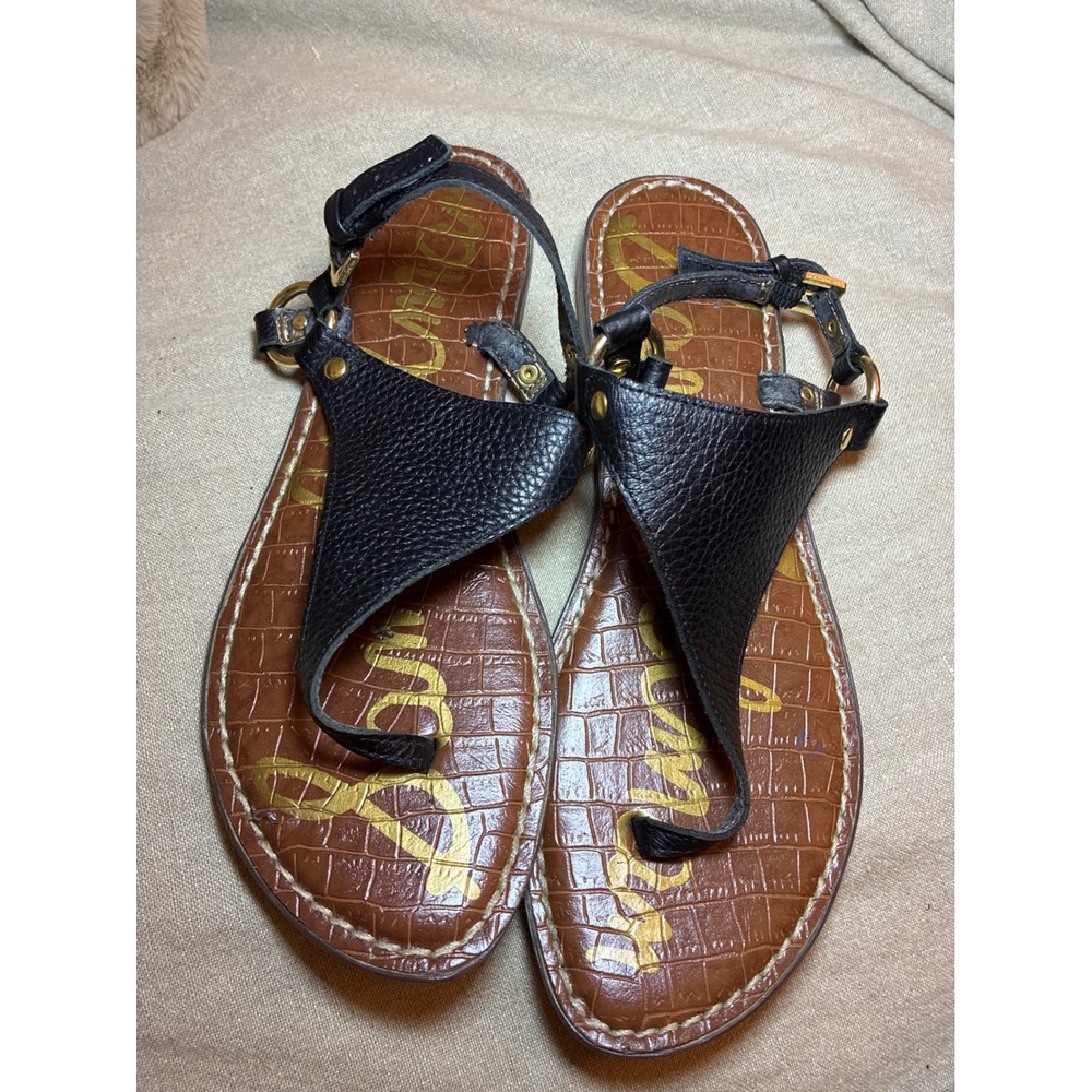 Sam Edelman Gigi Black Leather Thong Sandals Gold Hardware Flat 8